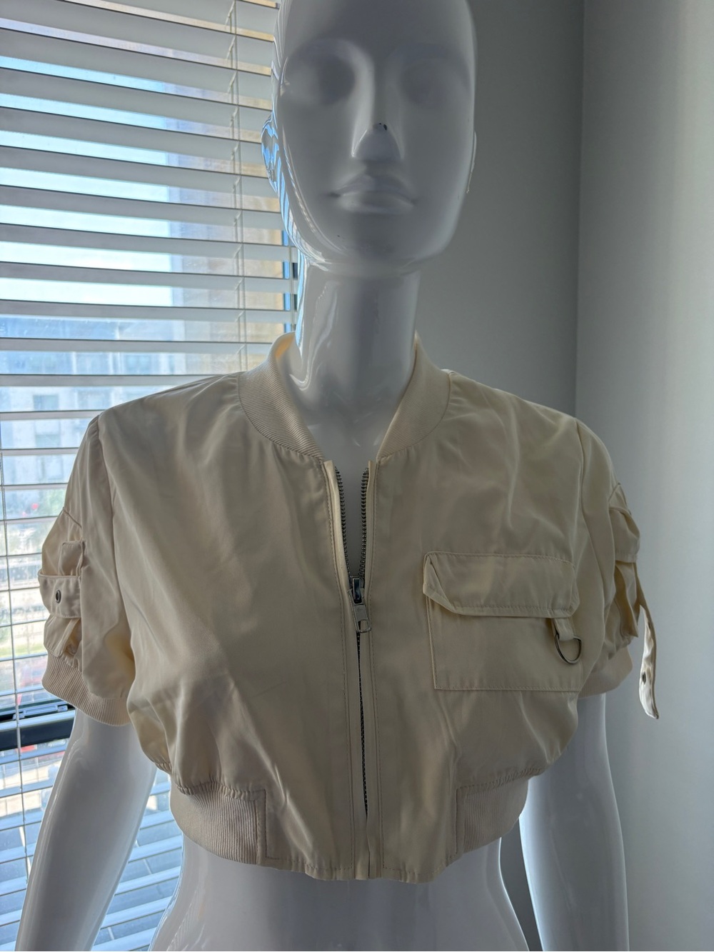 Cream Cropped Bomber Jacket - Women's Lightweight Zip Front